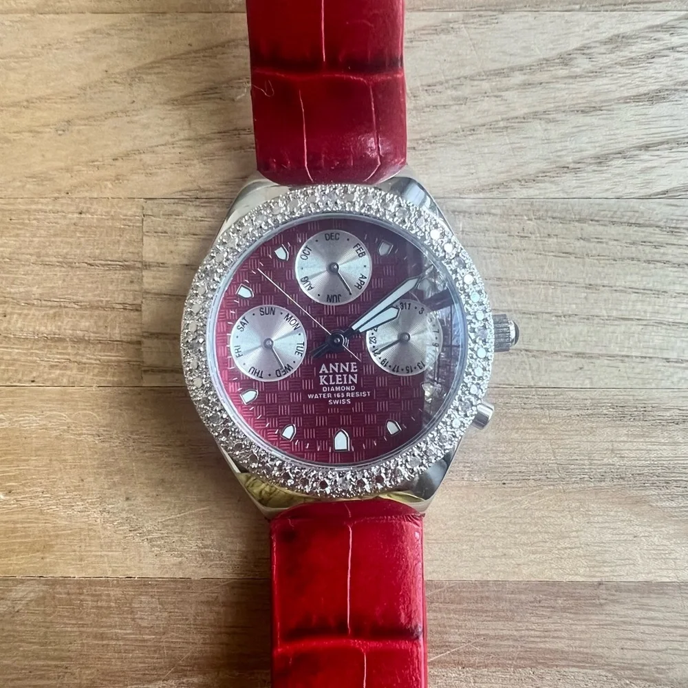 Anne Klein ladies diamond Swiss red leather sport watch NEW BATTERY